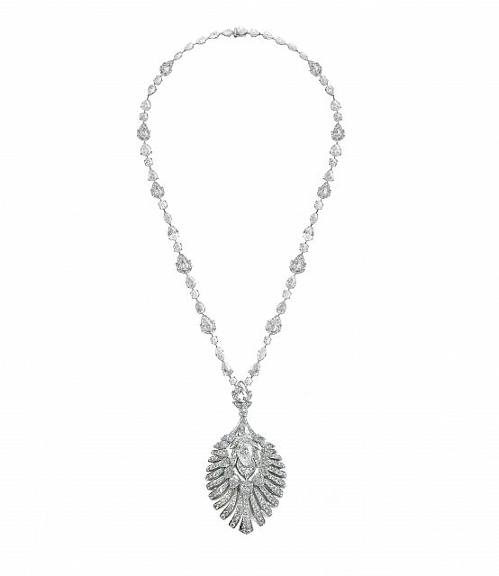 White Gold White Round and Pear shape Diamond Feather Motif Necklace 